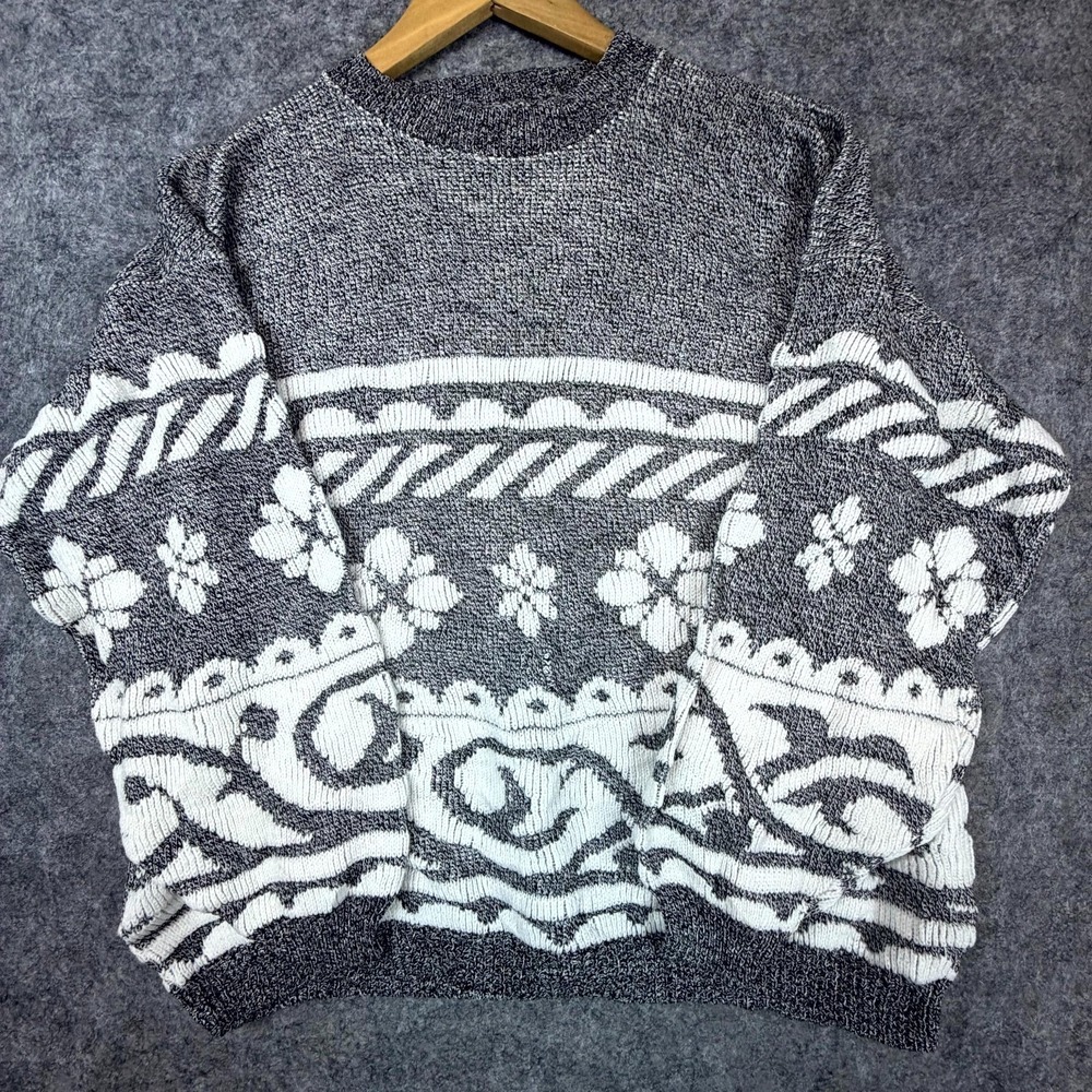 Vintage Sweater Womens XL Heather Gray White Floral Winter Nordic‎ Monochrome